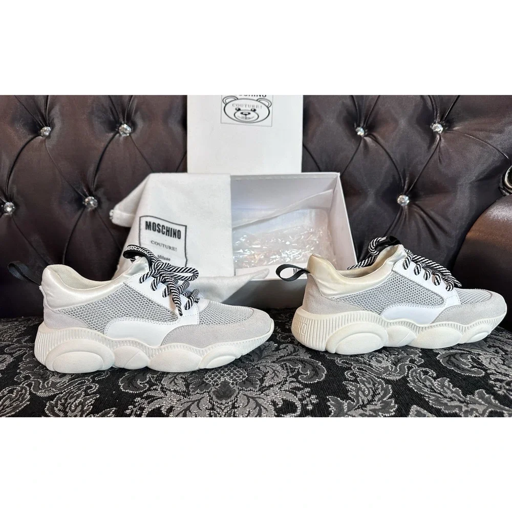 Moschino Shoes Womens 7 Teddy Bear Sneakers White Grey‎ Chunky Designer Mesh Box